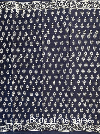 Navy Blue Bagru Hand Block Print Pure Cotton Saree