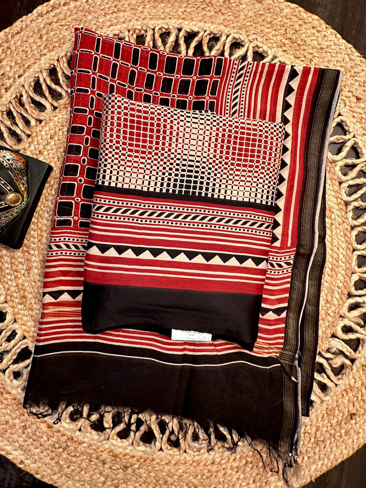 Black-Beige Printed Chanderi 3-Piece Unstitched Suit