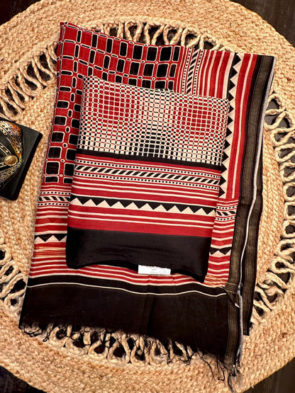 Black-Beige Printed Chanderi 3-Piece Unstitched Suit