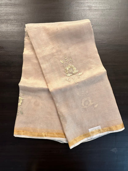 Light Gold Pittan Work Kota Doria Silk Saree