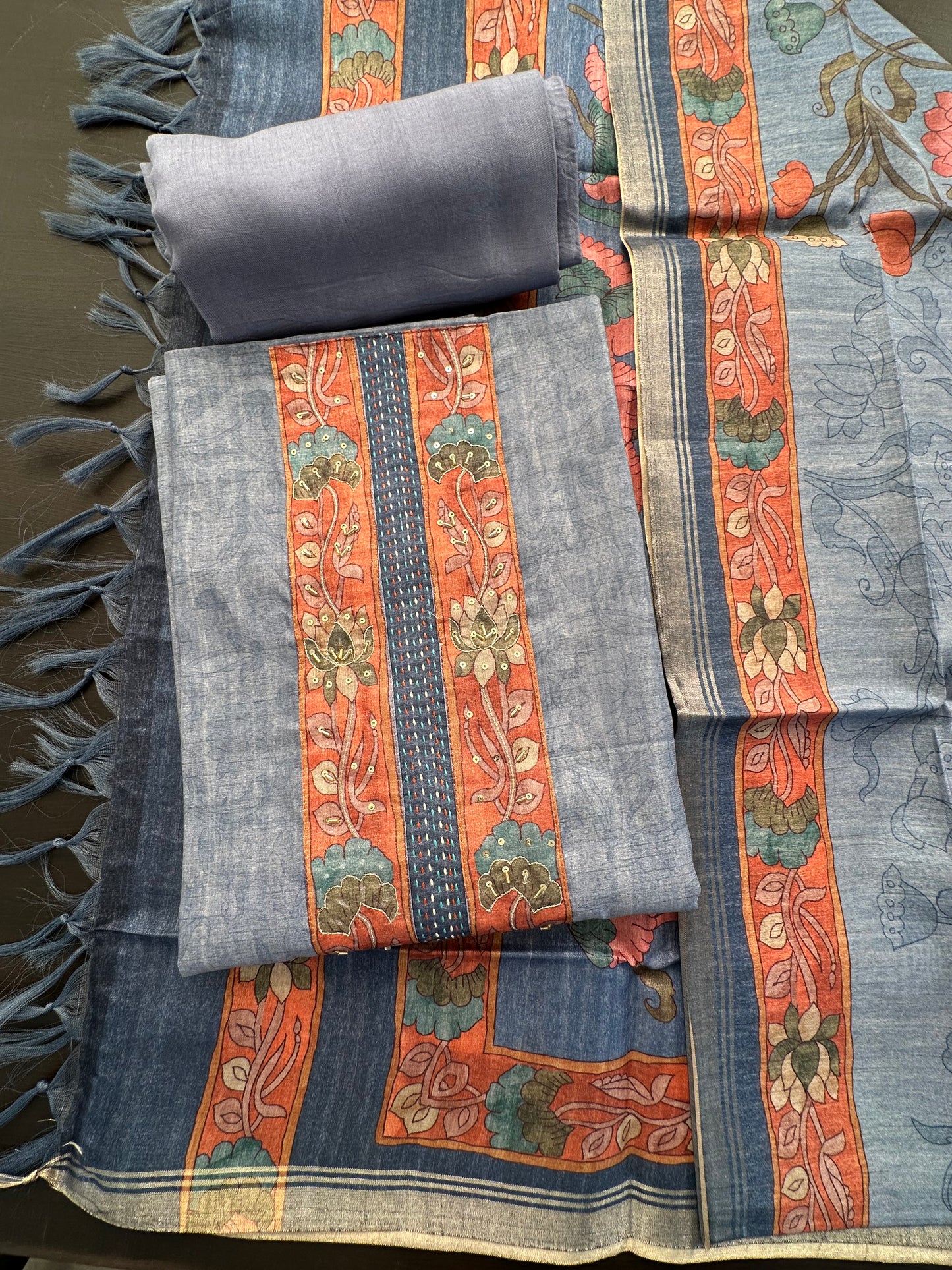 Blue Fancy Cotton 3-Piece Suit