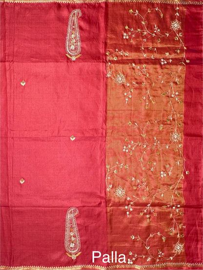 Maroon Hand Work Pure Tussar Silk Saree
