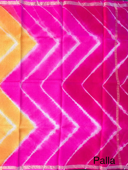 Yellow-Pink Leheriya Kota Doria Pure Silk Saree