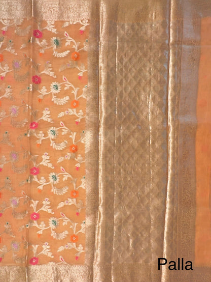 Peach Pure Kota Doria Silk Saree