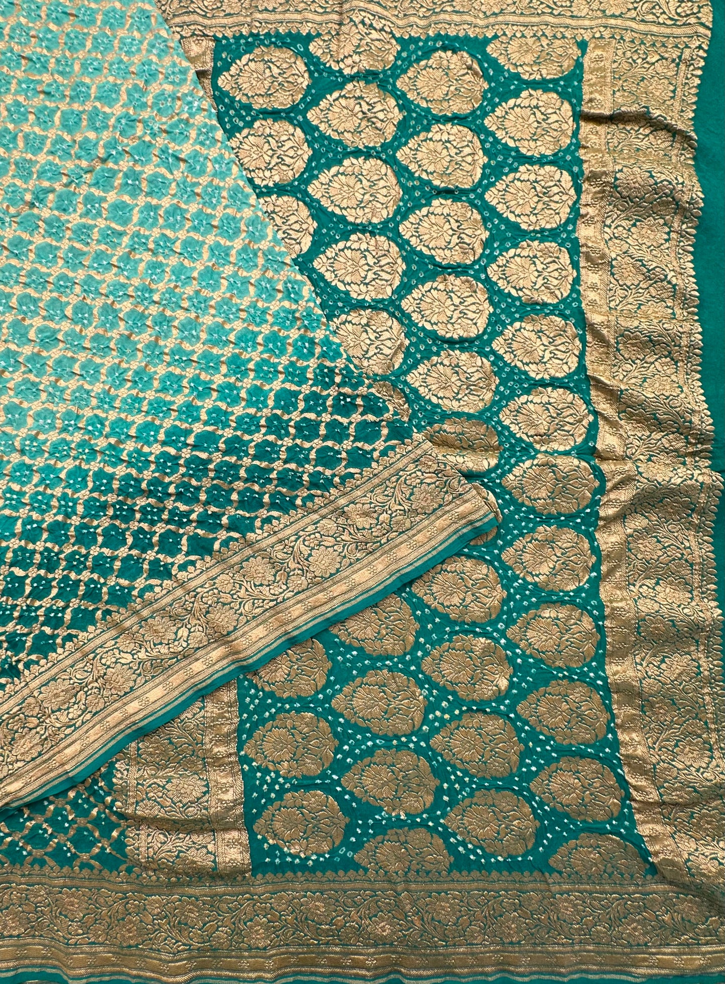 Sea Green Shaded Gharchola Bandhej Pure Khaddi Georgette Saree
