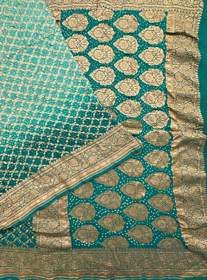 Sea Green Shaded Gharchola Bandhej Pure Khaddi Georgette Saree