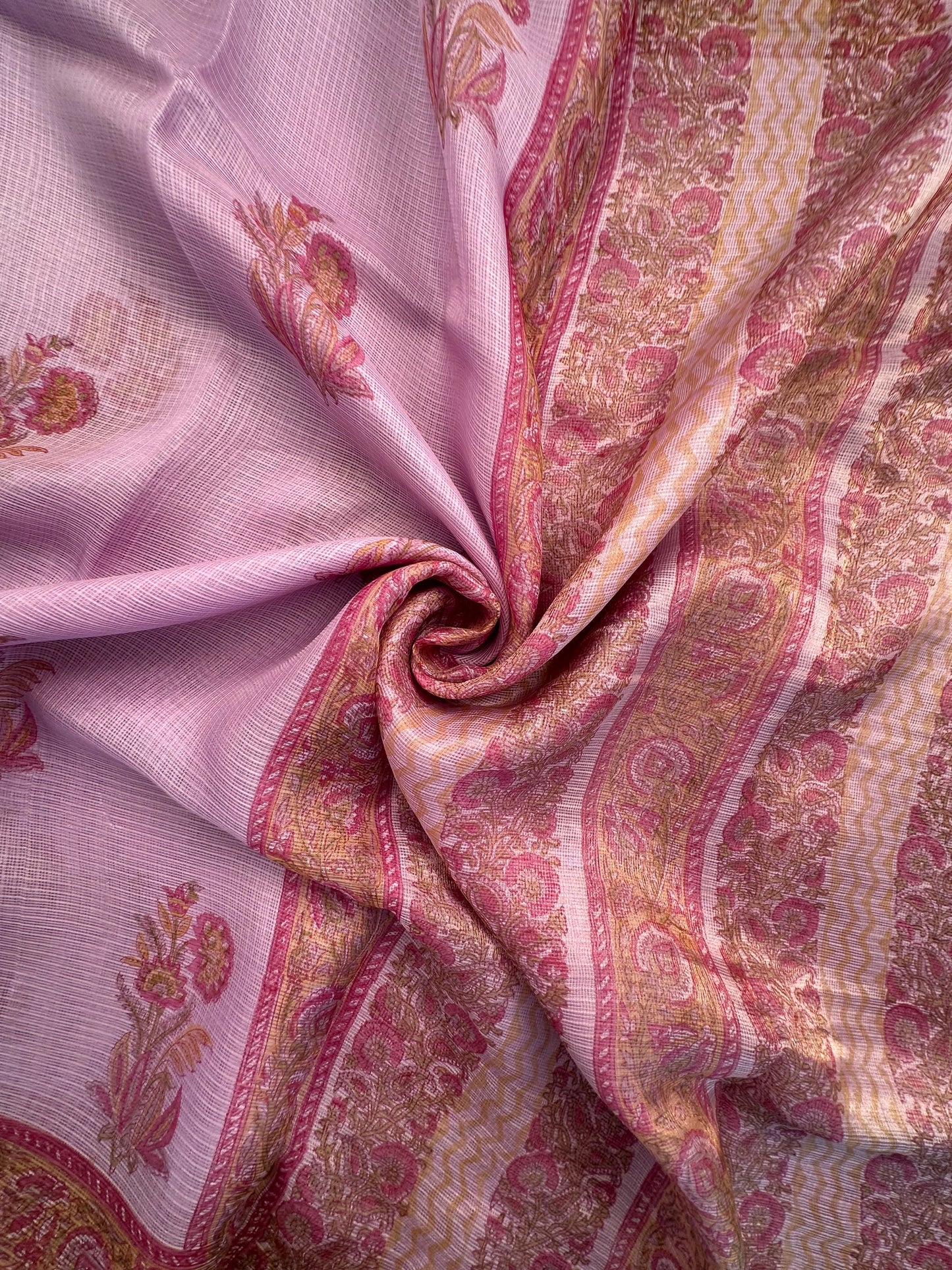 Mauve Hand Block-Print Pure Kota Doria Silk Saree