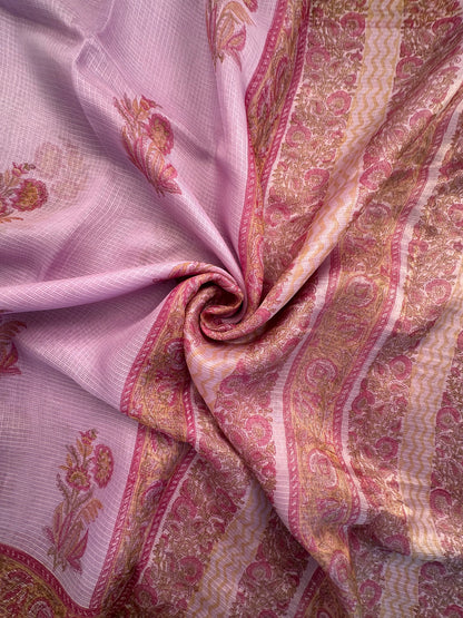 Mauve Hand Block-Print Pure Kota Doria Silk Saree
