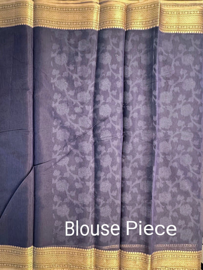 Indigo Floral Emboss Chanderi Saree