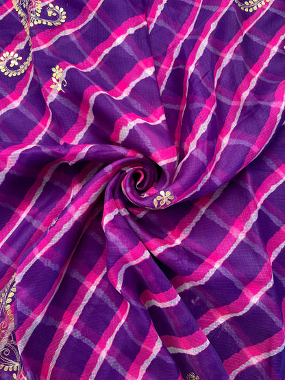 Purple-Rani Kyra Leheriya Kota Doria Pure Silk Saree With Gota Patti Work