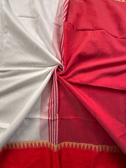 White Red Doodh Aalta Pure Cotton Saree