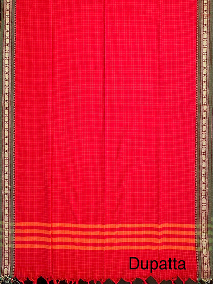 Red Checkered Dharwad South Cotton 3-Piece Suit