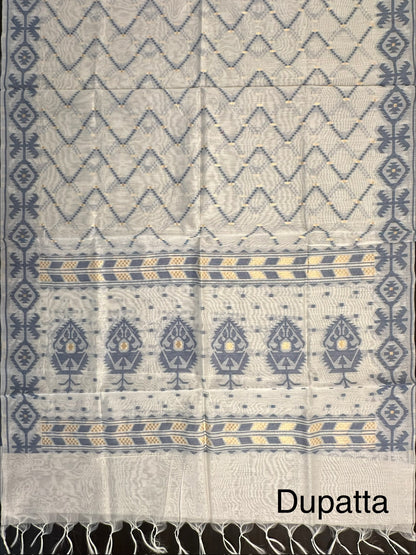 Off White-Blue Jacquard Unstitched Cotton Suit
