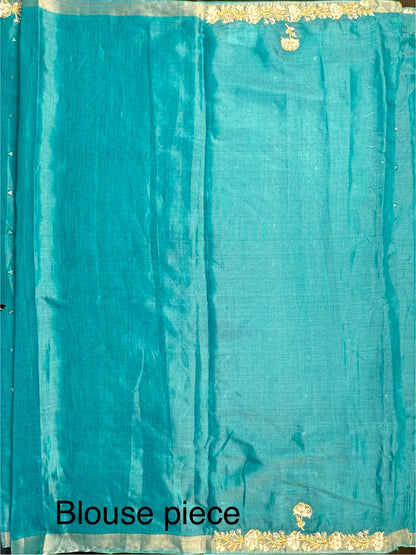 Firozi Tussar-Tissue Silk Saree with Hand Work