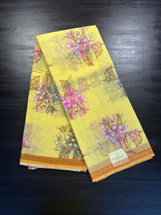 Yellow Floral Print Kota Doria Cotton Saree