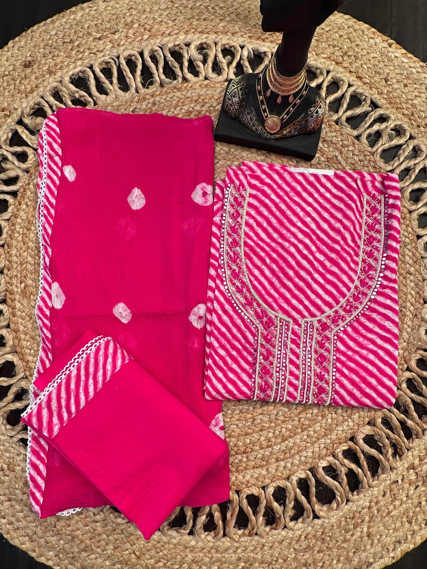 Rani Leheriya Jaipuri Cotton 3-Piece Unstitched Suit