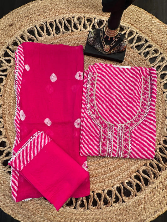 Rani Leheriya Jaipuri Cotton 3-Piece Unstitched Suit