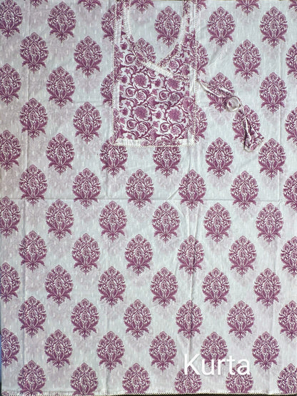 Off White-Purple  Angrakha Printed Cotton 3-Piece Suit