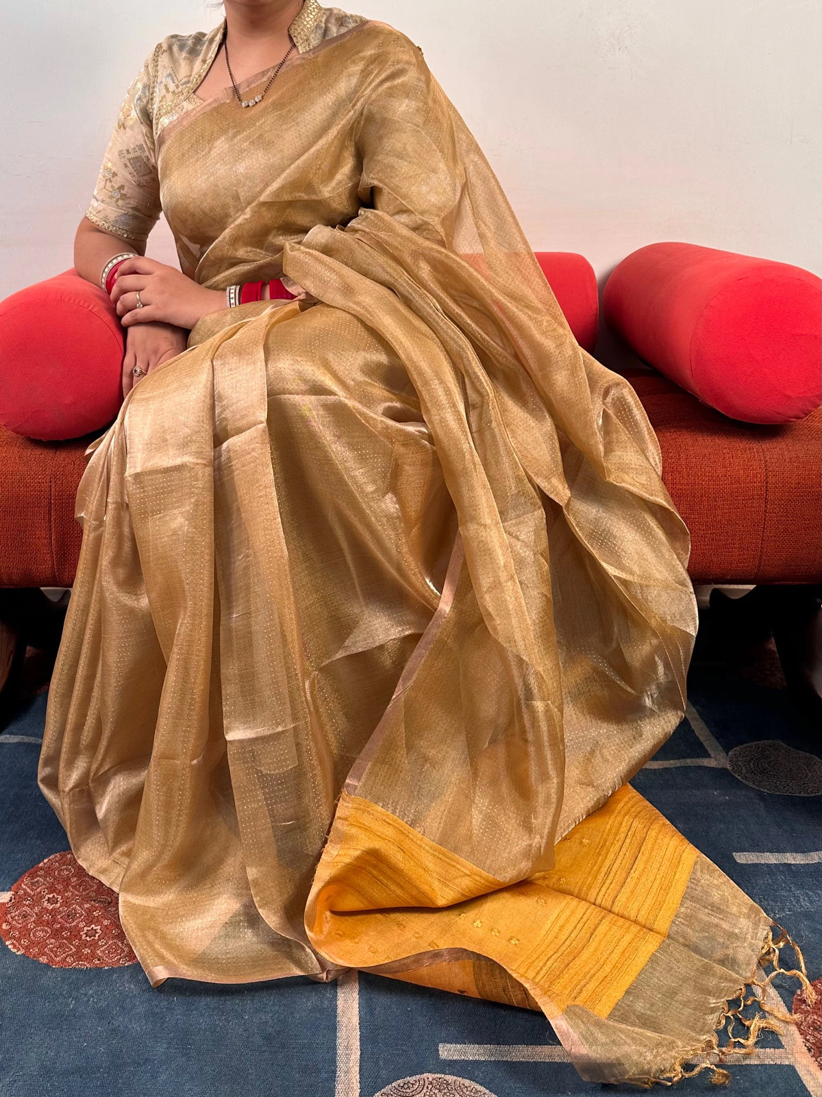 Mustard-Golden Emboss Tissue Silk Saree