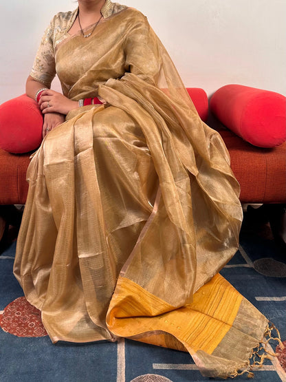 Mustard-Golden Emboss Tissue Silk Saree