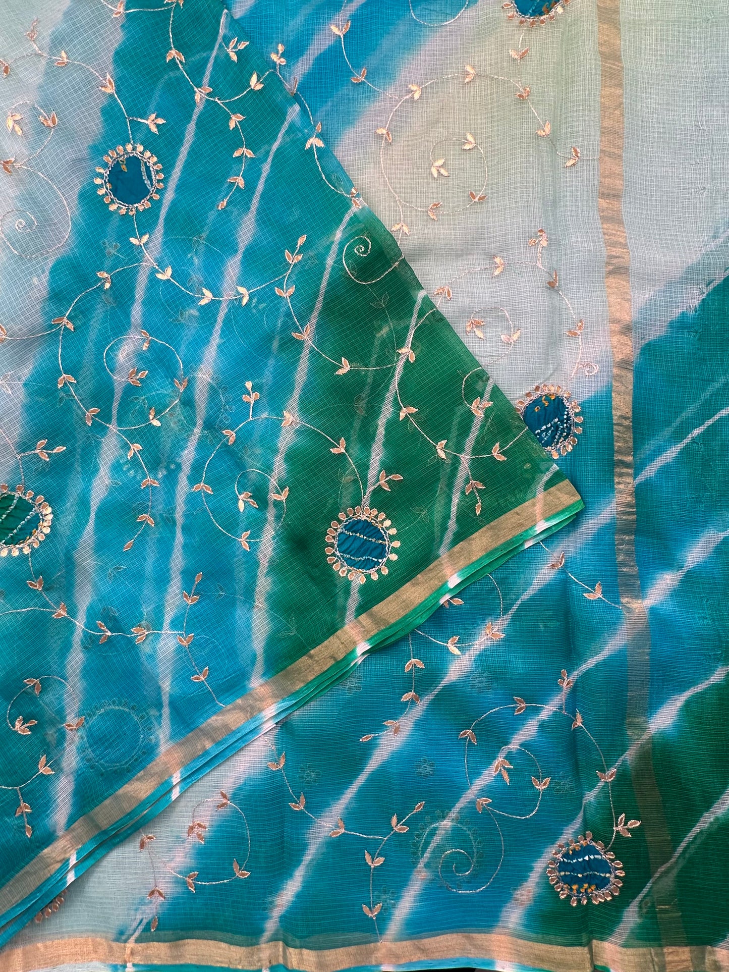 Firozi -Green Kota Doria Pure Silk Saree With Gota Patti Work
