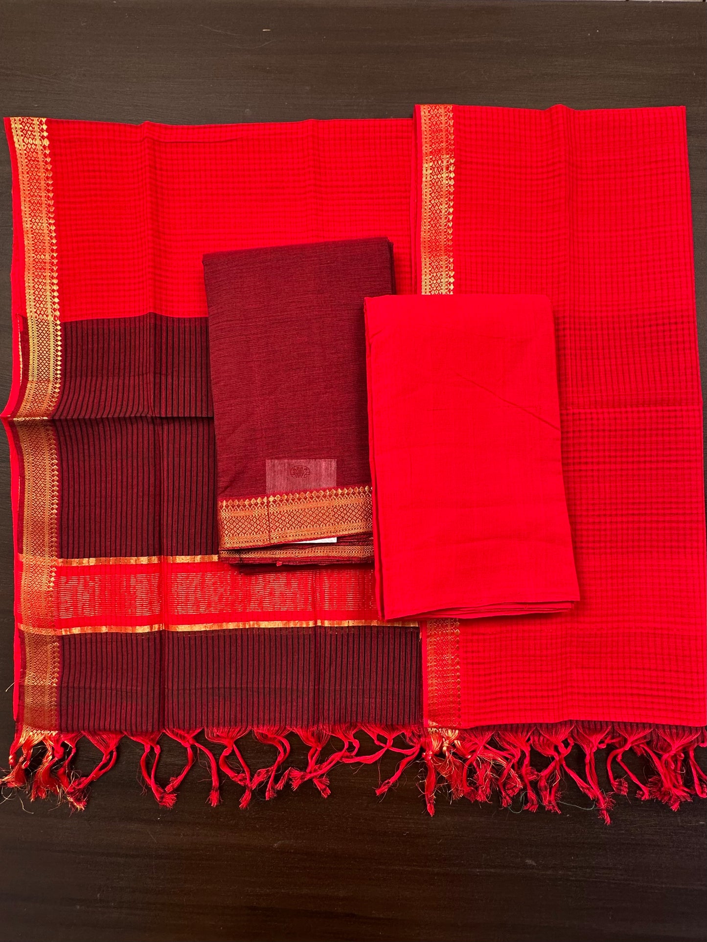 Maroon Mangalgiri Pure Cotton Unstitched 3-Piece Suit