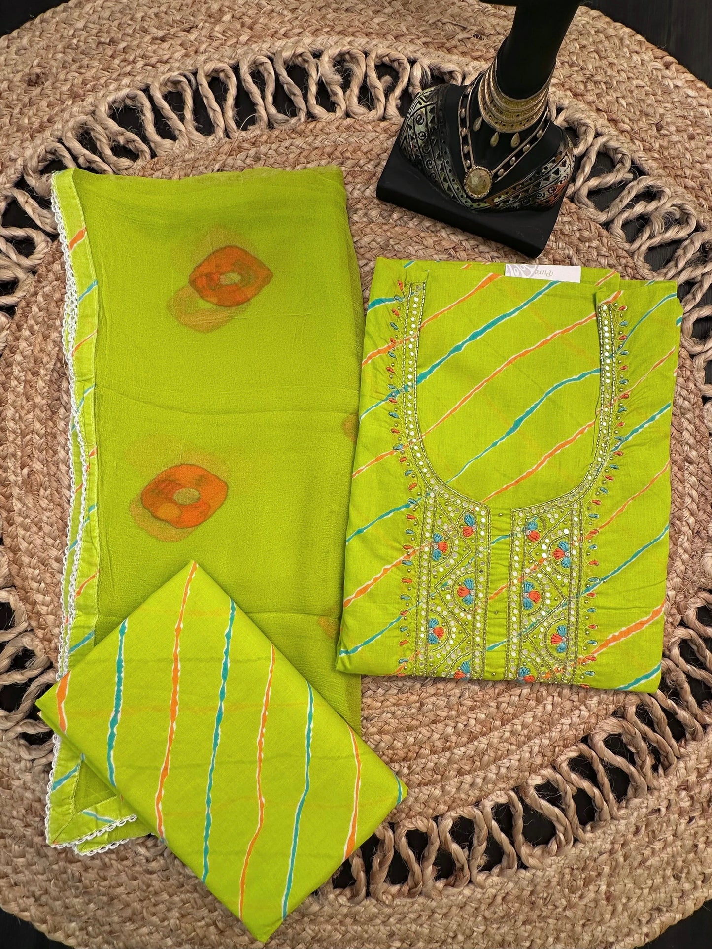 Parrot Green Leheriya Cotton 3-Piece Suit