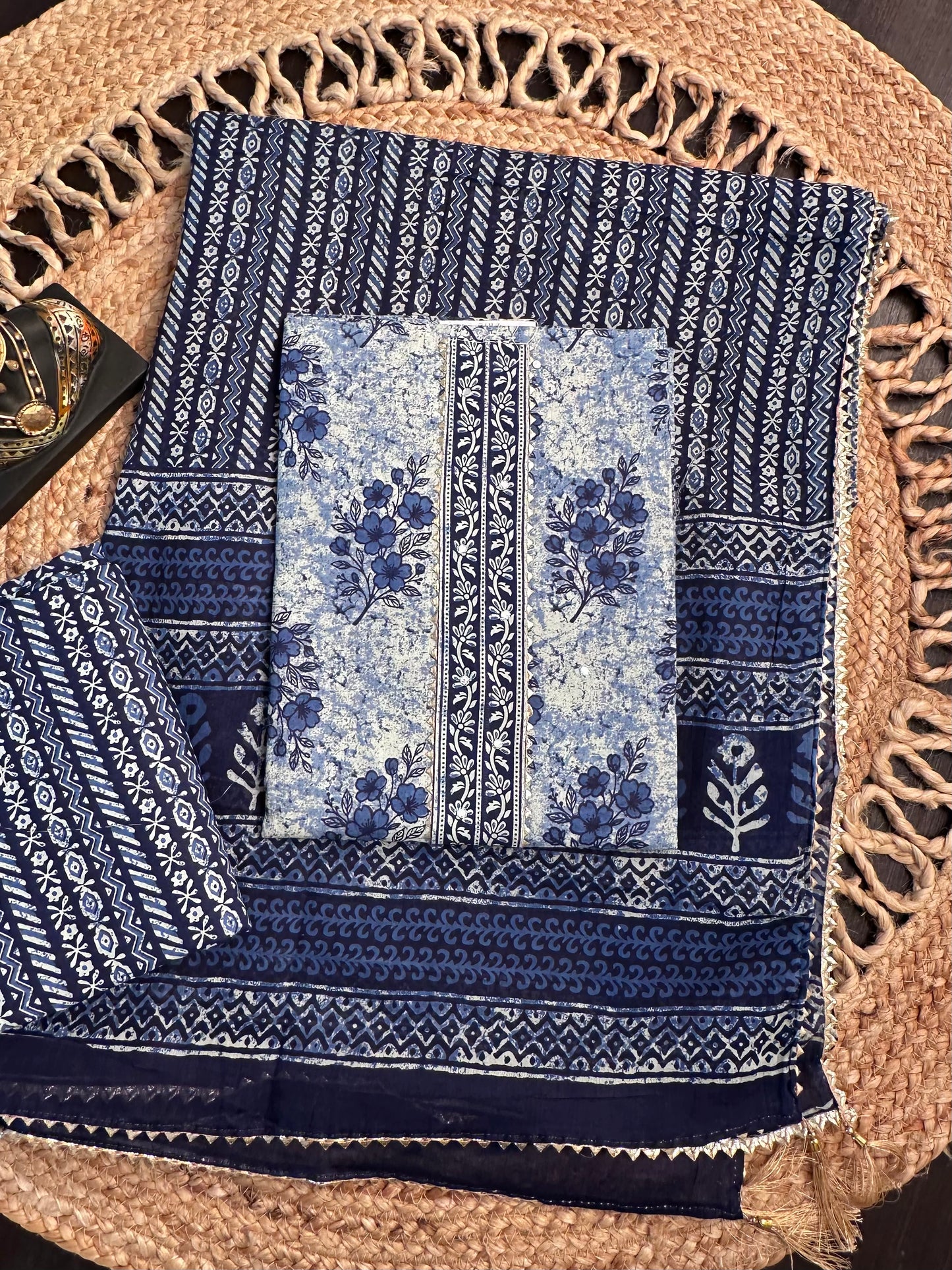 Navy Blue Jaipuri Necktie Cotton 3-Piece Suit