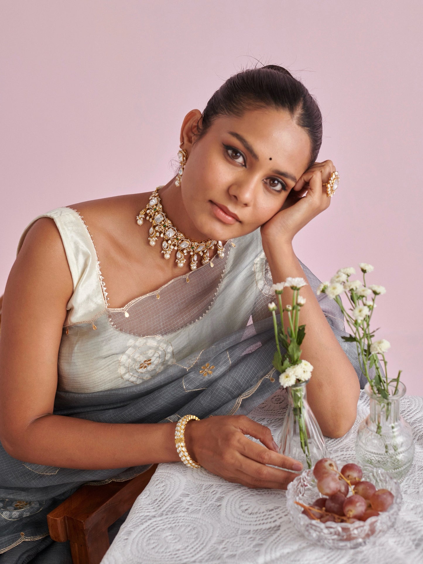 Kota Doria Pure Silk Saree with Aari Scallops