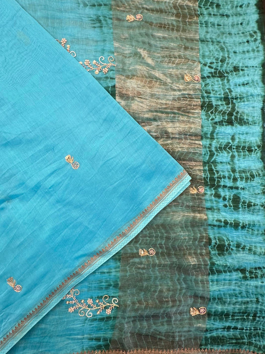 Firozi Chanderi Saree With Hand Work