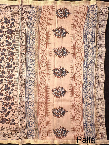 Beige-Blue Chanderi Saree with Hand Block Print