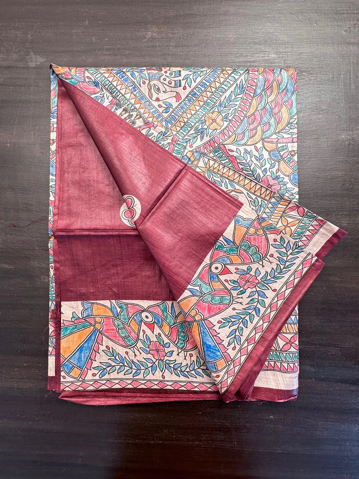 Maroon Madhubani Art Pure Tussar Silk Saree