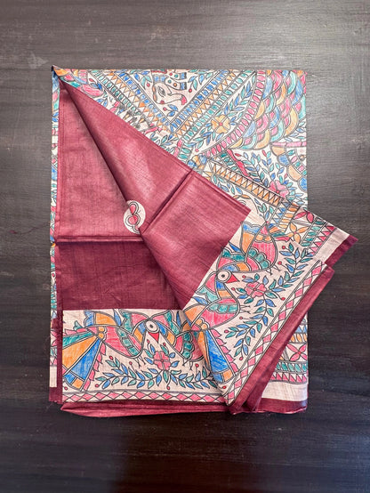 Maroon Madhubani Art Pure Tussar Silk Saree