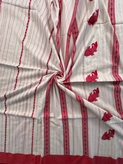 White Red Doodh Aalta Pure Cotton Saree