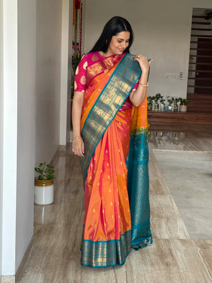 Orange-Rama Green Gadwal Pure Silk Saree