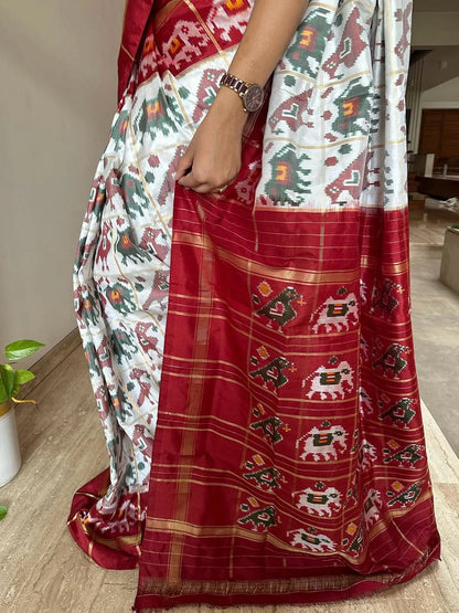 Off White-Maroon Patola Pure Silk Saree