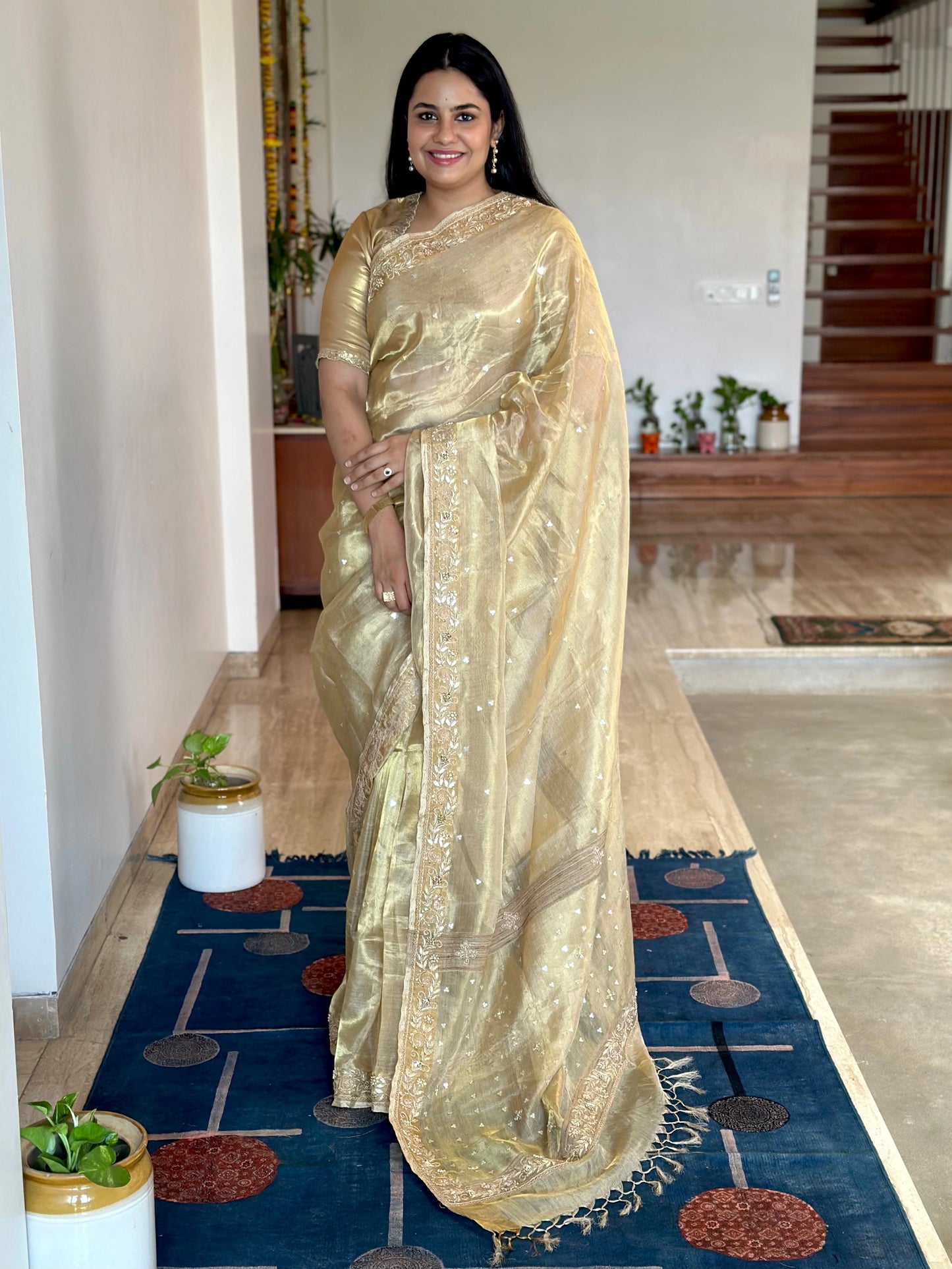 Golden Tissue Silk Saree With Zardozi Work