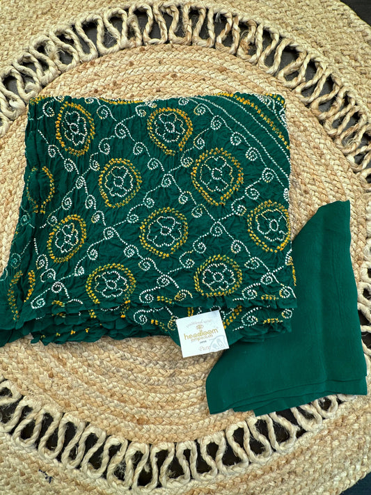 Bottle Green Rai Bandhej Chinon Saree