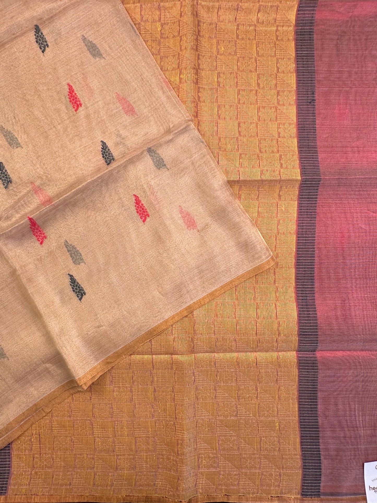 Golden-Pinkish Red Pure Tissue Silk Saree