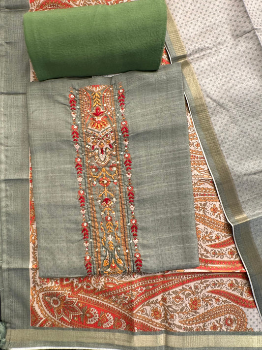 Green Fancy Cotton 3-Piece Suit