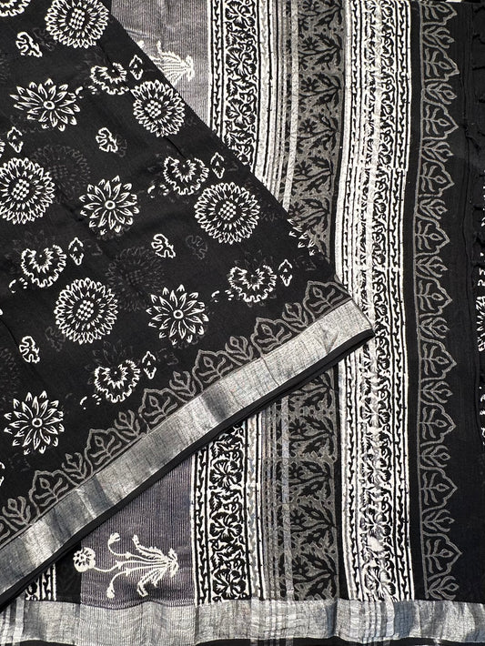 Black Hand Block Printed Linen Saree