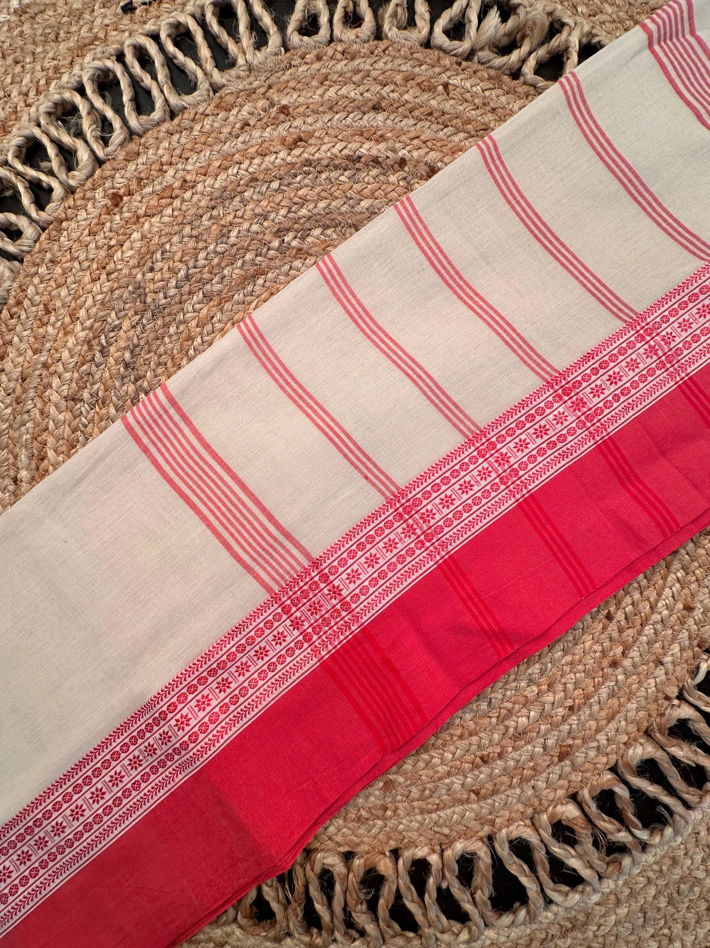 Cream-Red Piku Bengal Cotton Saree