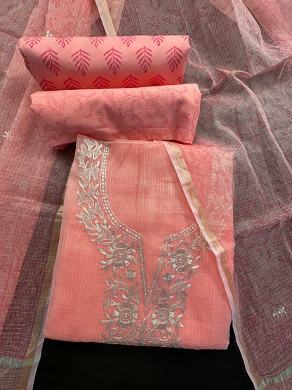 Peach 4-Piece Kota Doria Cotton Unstitched Suit
