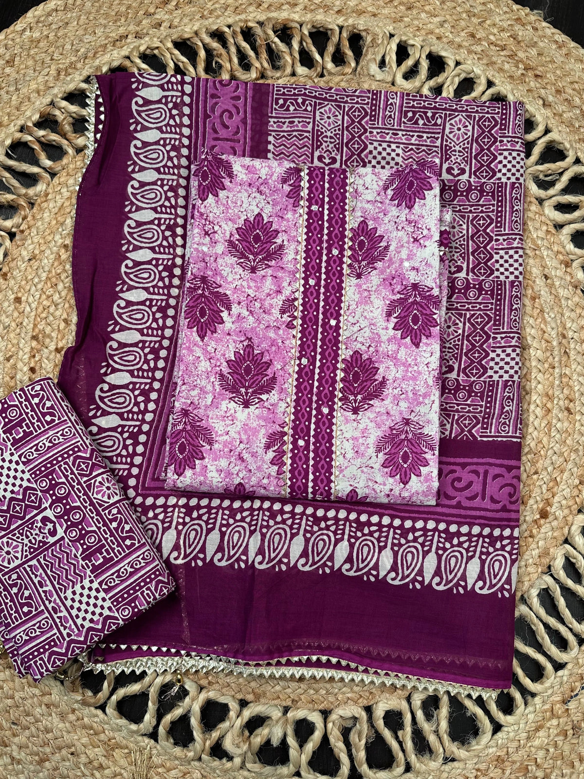 Purple Jaipuri Necktie Cotton 3-Piece Suit