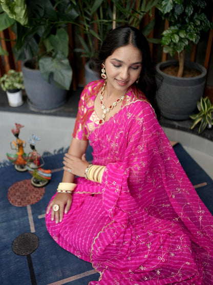 Rani Pink Pure Georgette Motra Saree With Aari Work