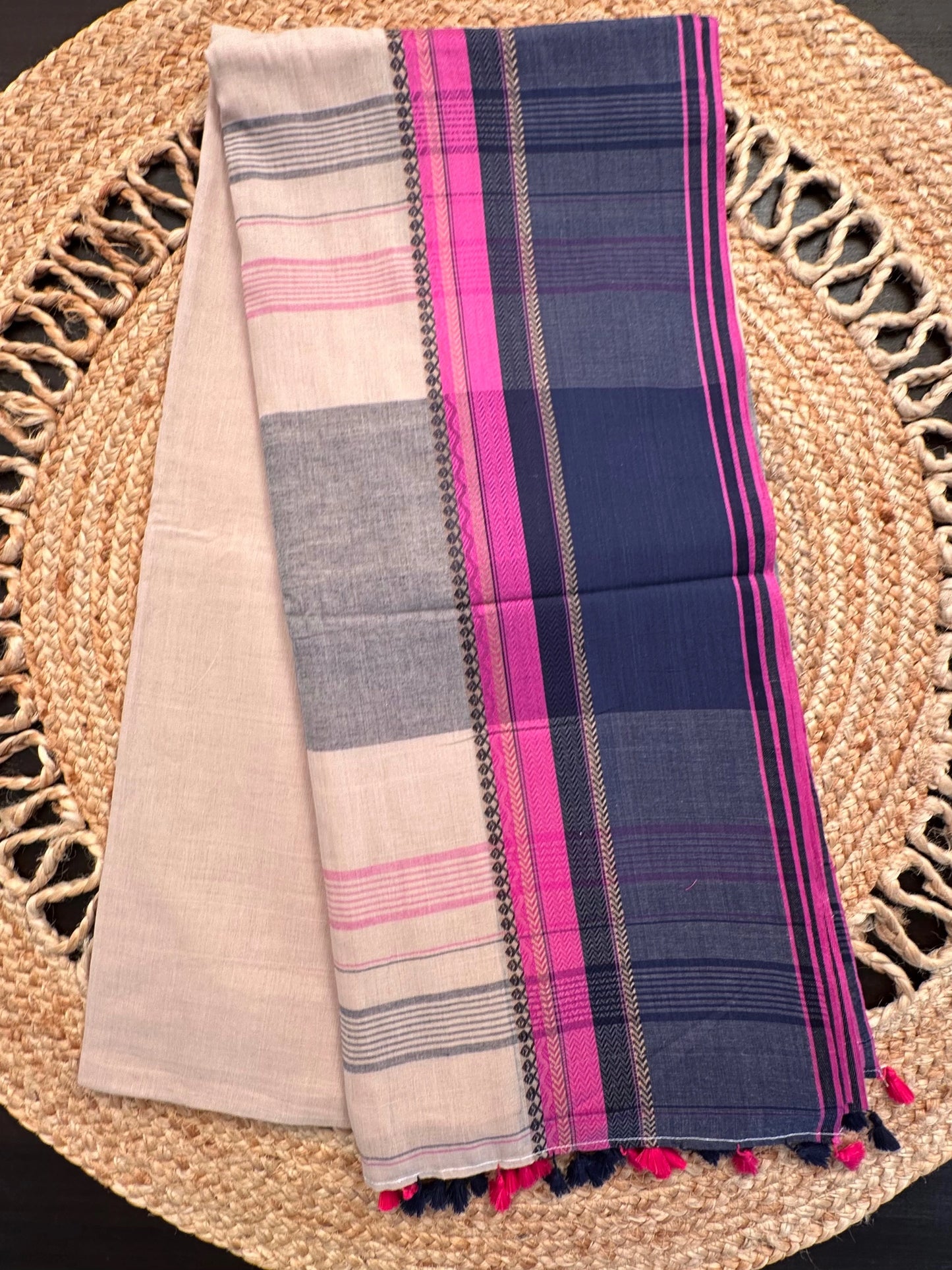 Beige-Navy Piyali Bengal Cotton Saree