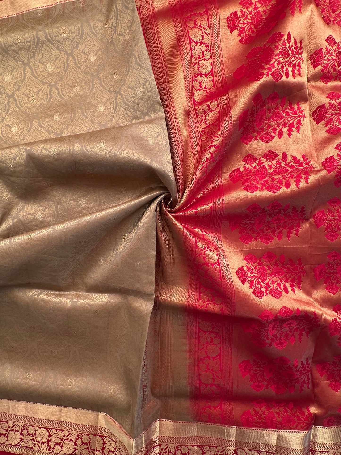 Beige-Red Handloom Kanjivaram Jamawar Pure Silk Saree