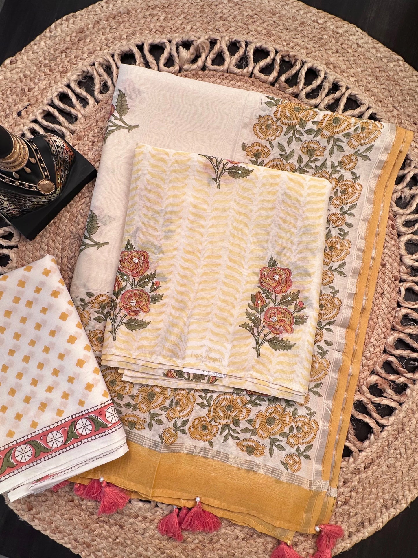 Off White-Yellow Hand Block Printed Chanderi 3-Piece Unstitched Suit with Aari Work