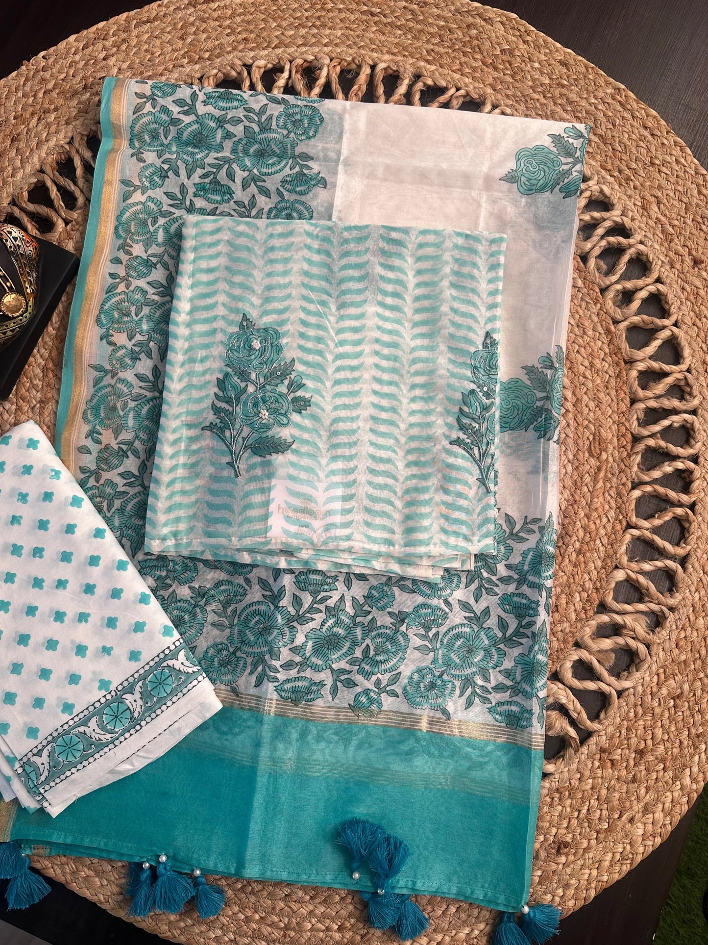 Off White-Sea Green Hand Block Printed Chanderi 3-Piece Unstitched Suit with Aari Work
