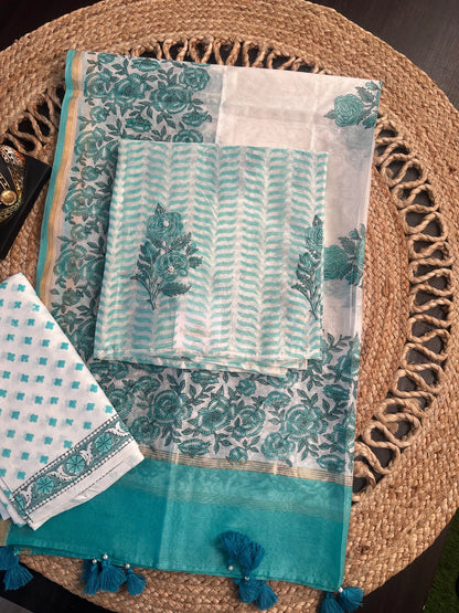 Off White-Sea Green Hand Block Printed Chanderi 3-Piece Unstitched Suit with Aari Work